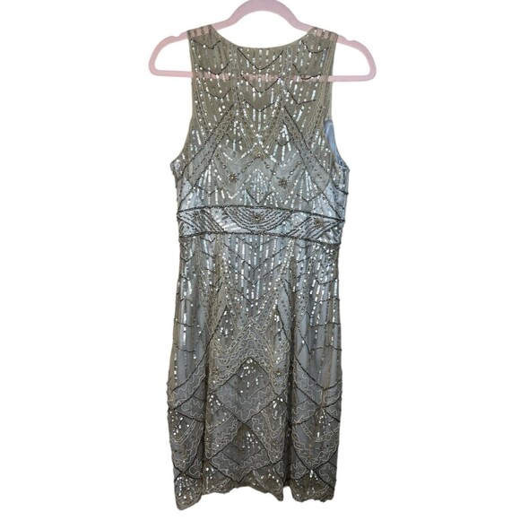 SUE WONG 10 Champagne Silver Beaded Sequin Bridal Formal Cocktail Evening Dress - Picture 5 of 16